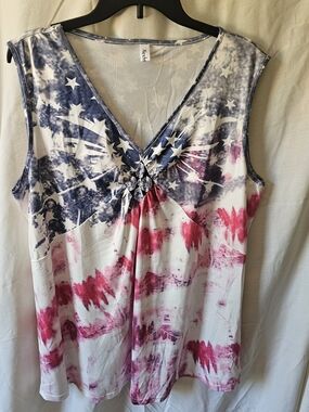 Sleeveless V-Neck  Patriotic Tie-Dye Flag Tank Top Red, We White and Blue